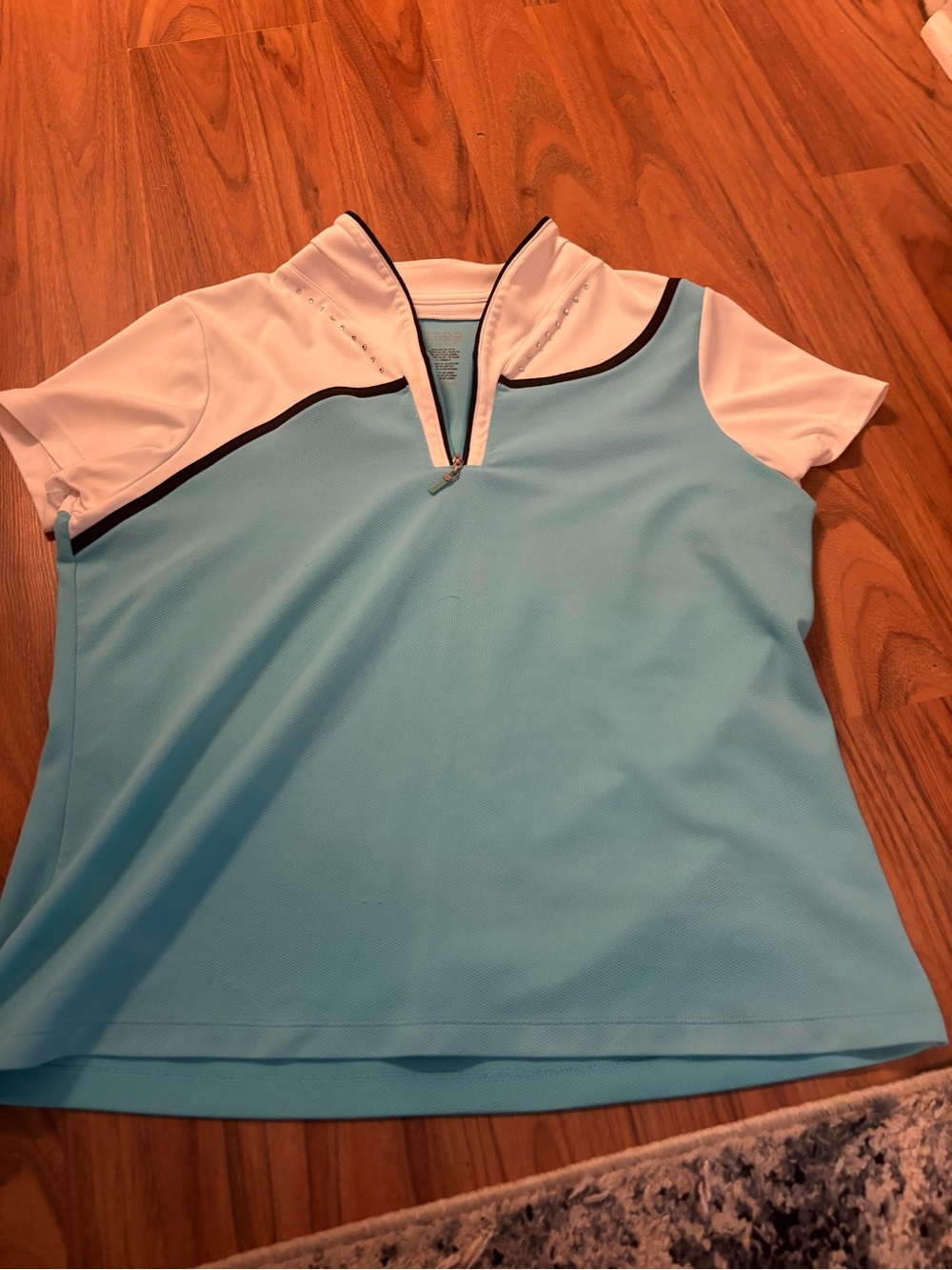 Izod Light Blue and White Short Sleeve Zip Front Active Top
